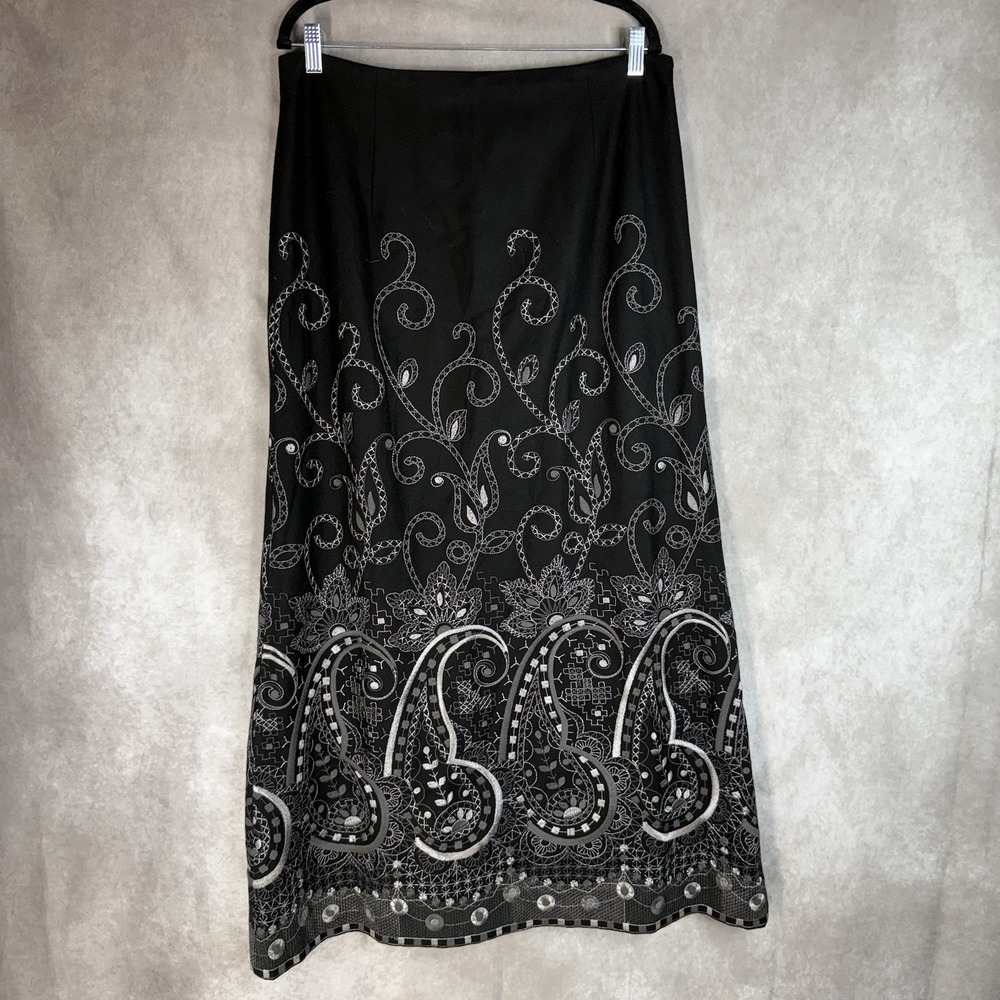 Talbots Wool Blend Paisley Embroidered Maxi Skirt In Black Silver Size 14